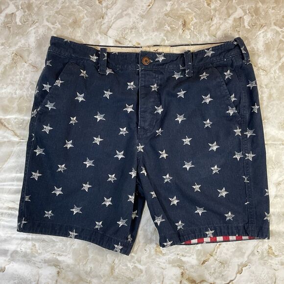 Hollister Men's‎ 36 Star Print Navy Blue Chino Shorts 100% Cotton Button Fly - Picture 1 of 5